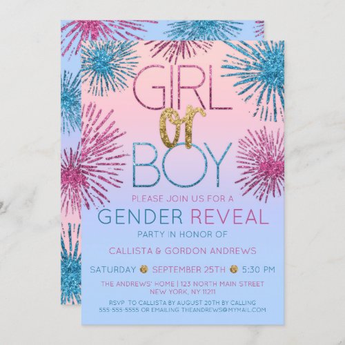 Gender Reveal Pink Blue Glitter Starburst Ombre Invitation