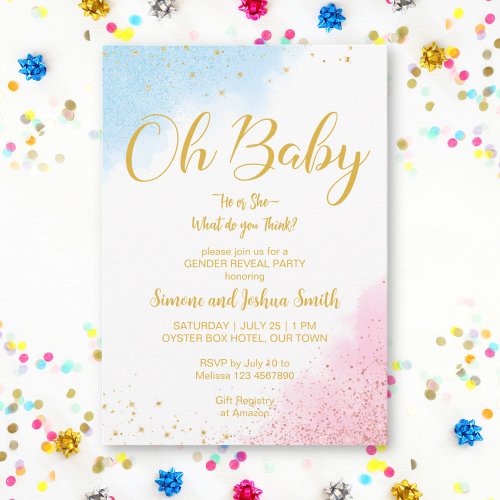 Gender reveal pink blue gold oh baby invite