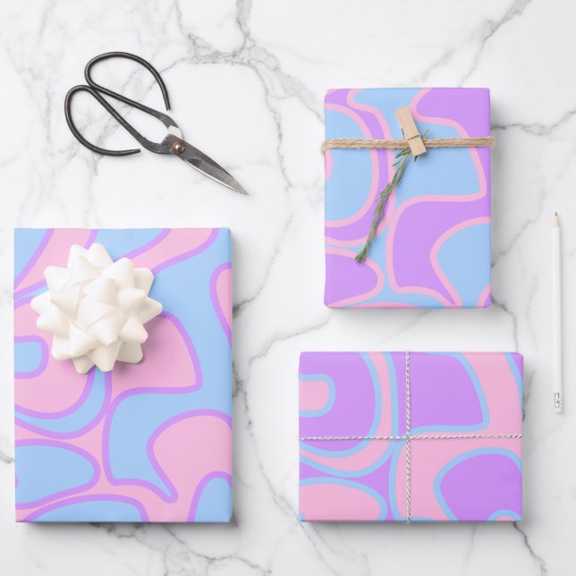 Gender Reveal Pink Blue Groovy Retro Unique Wrapping Paper Sheets (Front)