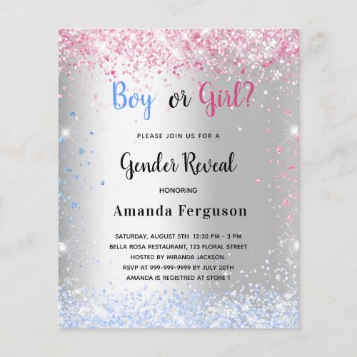 Gender reveal pink blue silve glitter budget flyer