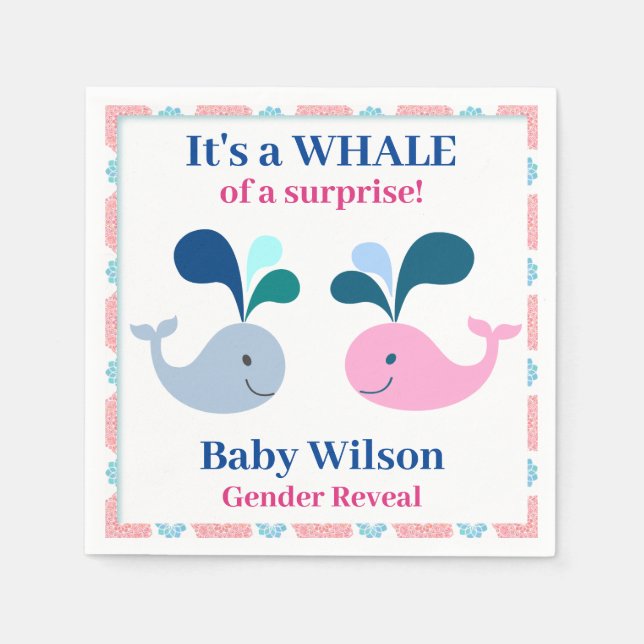 Gender Reveal Pink Blue Whale of a Surprise Napkins (Front)