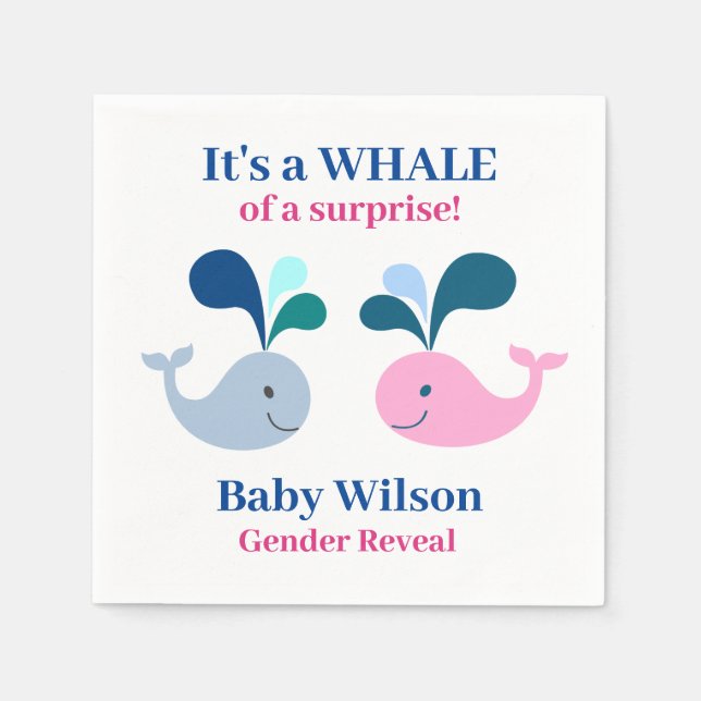Gender Reveal Pink Blue Whale of a Surprise Napkins (Front)