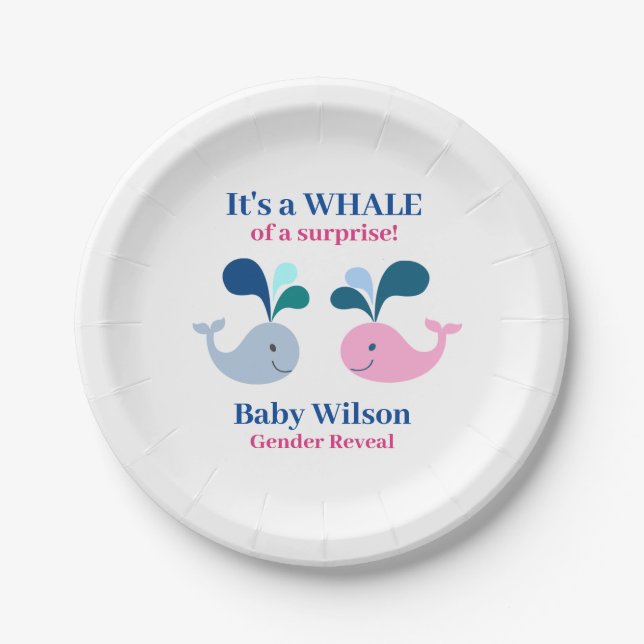 Gender Reveal Pink Blue Whale of a Surprise Paper Plates (Front)
