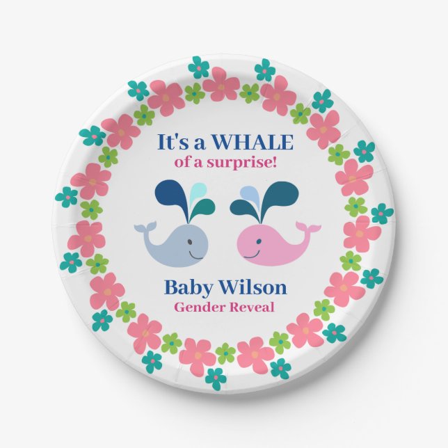 Gender Reveal Pink Blue Whale of a Surprise Paper Plates (Front)