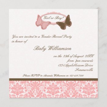 Gender Reveal Pink & Chocolate Damask Butterflies Invitation by Truly_Uniquely at Zazzle