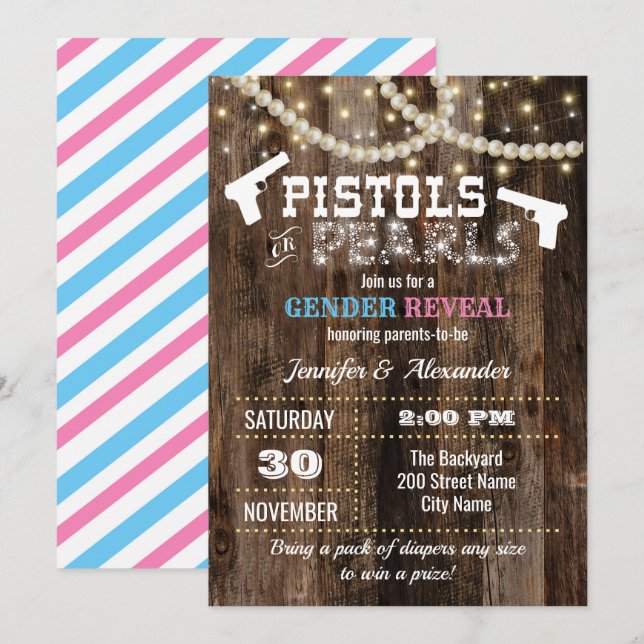Gender Reveal Pistols or Pearls Invitation (Front/Back)