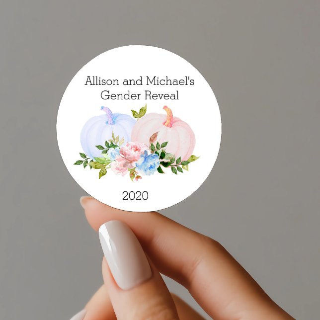 Gender Reveal Pumpkin Favor gift Custom Classic Round Sticker (Creator Uploaded)