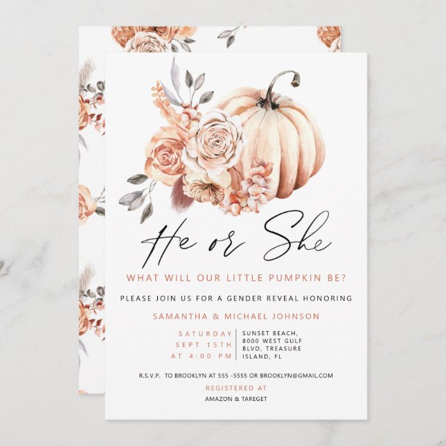Gender Reveal Pumpkin Invitation, Fall he or She Invitation (Front/Back)