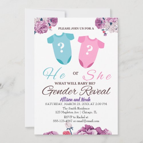 Gender reveal Purple And  white floral elegant Invitation