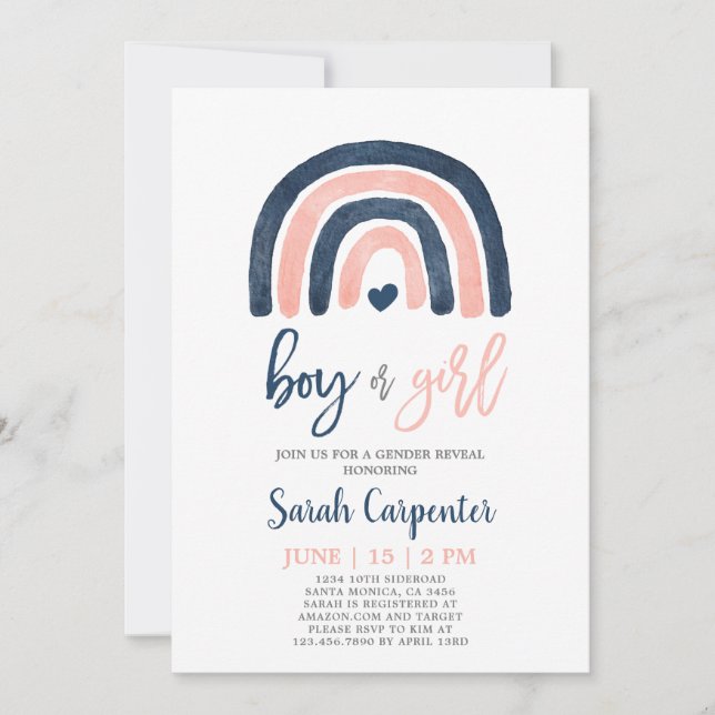 Gender Reveal rainbow navy blue and pink shower Invitation (Front)