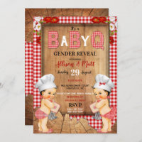 Gender Reveal Red Gingham Wood Baby Q Barbecue Invitation