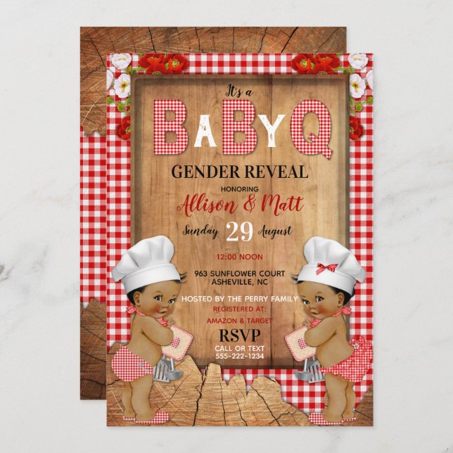 Gender Reveal Red Gingham Wood Baby Q Barbecue Invitation (Front/Back)