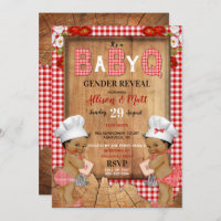 Gender Reveal Red Gingham Wood Baby Q Barbecue Invitation