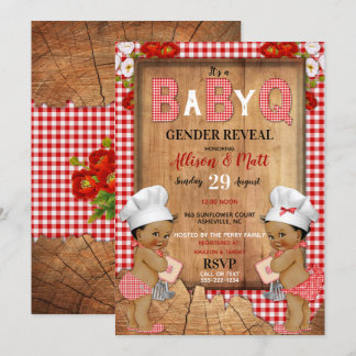Gender Reveal Red Gingham Wood Baby Q Barbecue Invitation