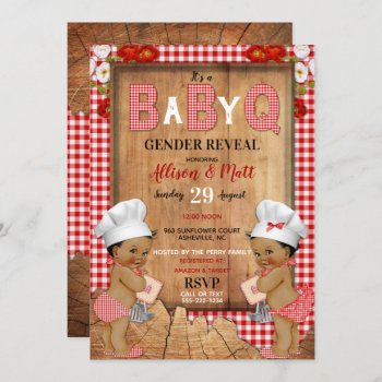 Gender Reveal Red Gingham Wood Baby Q Barbecue Invitation by nawnibelles at Zazzle