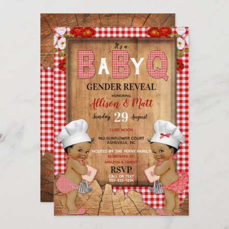 Gender Reveal Red Gingham Wood Baby Q Barbecue Invitation