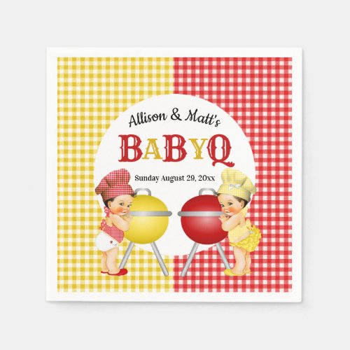 Gender Reveal Red Yellow Gingham Baby Q BBQ Napkins