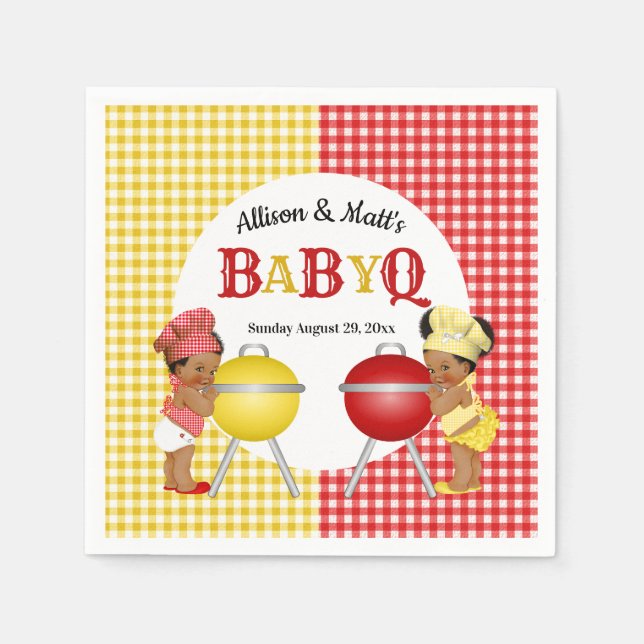 Gender Reveal Red Yellow Gingham Baby Q BBQ Napkins (Front)