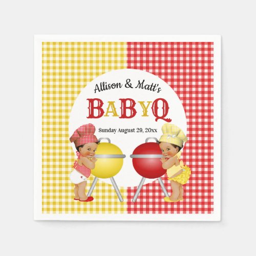 Gender Reveal Red Yellow Gingham Baby Q BBQ Napkins