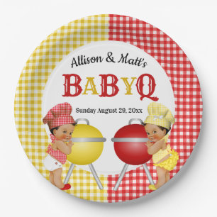 Gender Reveal Red Yellow Gingham Baby Q BBQ Paper Plates
