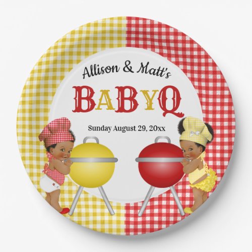 Gender Reveal Red Yellow Gingham Baby Q BBQ Paper Plates