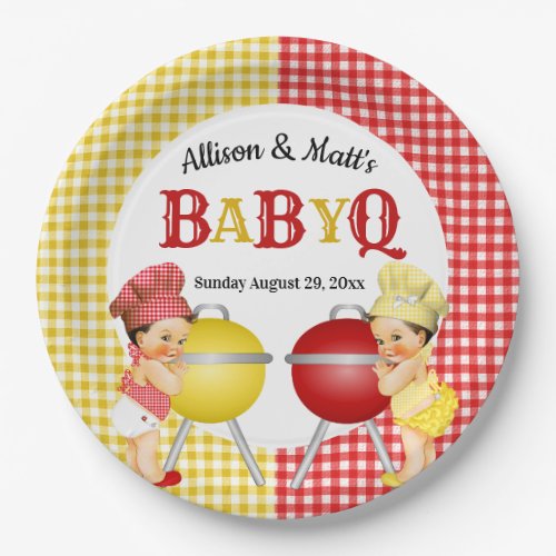 Gender Reveal Red Yellow Gingham Baby Q BBQ Paper Plates