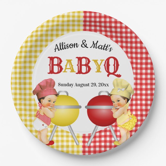 Gender Reveal Red Yellow Gingham Baby Q BBQ Paper Plates (Front)