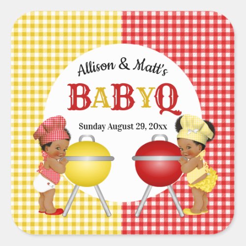 Gender Reveal Red Yellow Gingham Baby Q BBQ Square Sticker