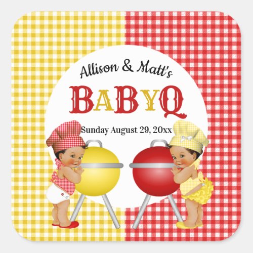 Gender Reveal Red Yellow Gingham Baby Q BBQ Square Sticker
