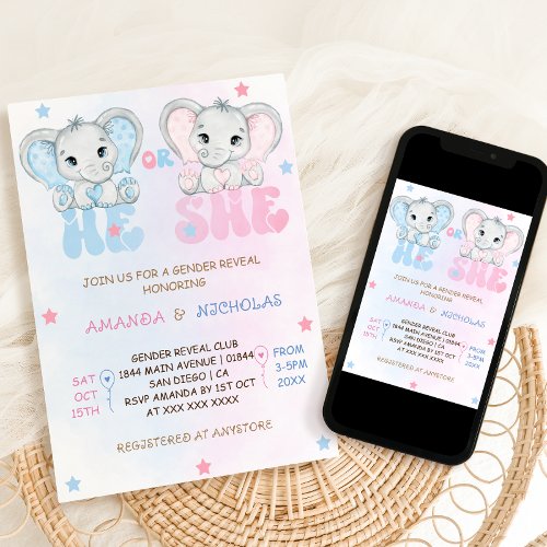 Gender Reveal Safari Elephant Pink Blue Invitation