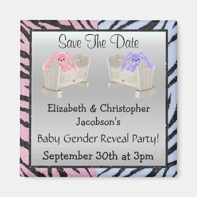 Gender Reveal Save The Date Bunnies & Animal Print Magnet (Front)