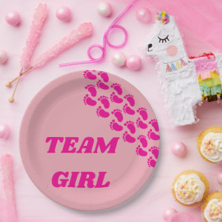 Gender Reveal Team Boy Girl Footprint Design Paper Plates