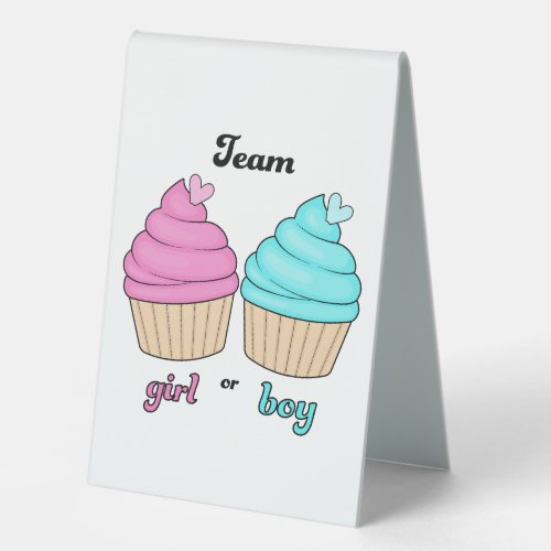 Gender reveal team girl or boy cupcake design table tent sign