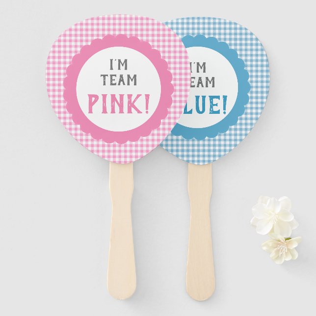 Gender Reveal Team Pink or Blue Gingham Check Hand Fan (Front and Back)