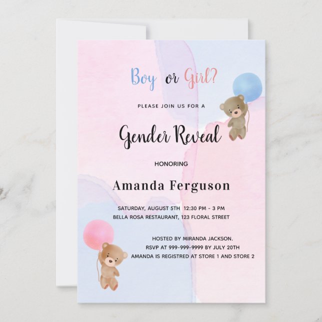 Gender reveal teddy bear pink blue boy girl invitation (Front)
