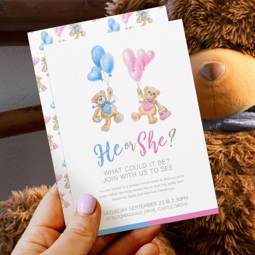 Gender reveal teddy bear themed he or she invitation