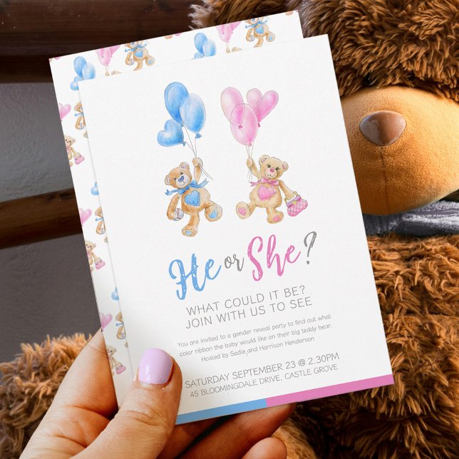 Gender reveal teddy bear themed he or she invitation (Creator Uploaded)