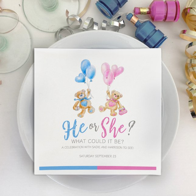 Gender reveal teddy bear themed he or she napkins (Creator Uploaded)