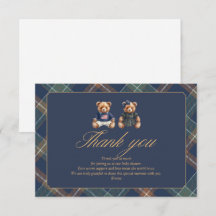 Gender Reveal Thank You Card Navy Plaid Teddy Bear