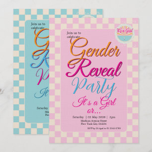 Gender Reveal Two-Sided Blue-Pink Plaid Checkered Invitation