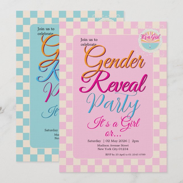 Gender Reveal Two-Sided Blue-Pink Plaid Checkered Invitation (Front/Back)