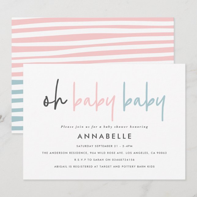 Gender reveal unknown baby shower pink blue modern invitation (Front/Back)
