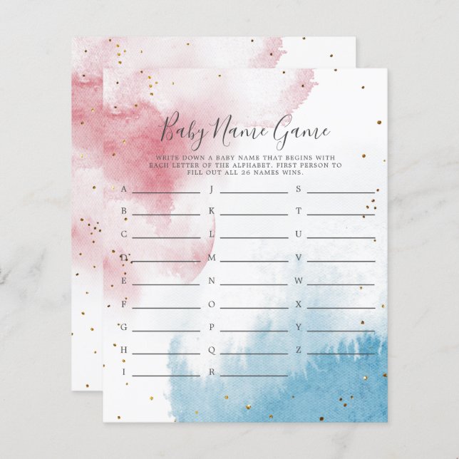 Gender Reveal Watercolor Baby Name Shower Game  (Front/Back)