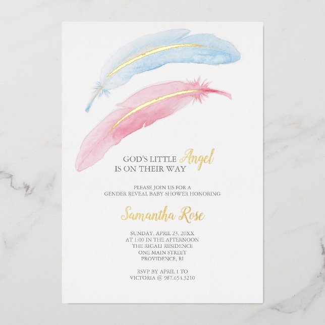 Gender Reveal Watercolor Baby Shower Foil Invitation (Front)