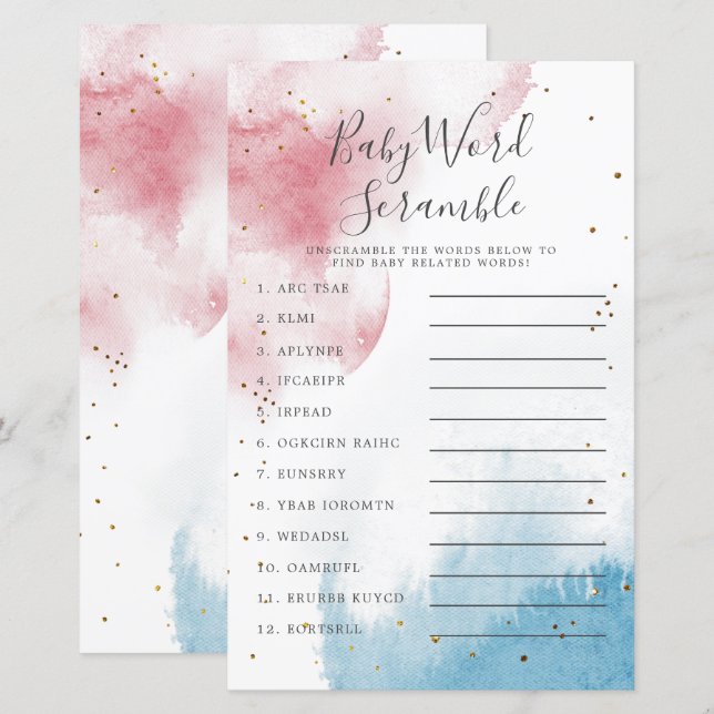 Gender Reveal Watercolor Baby Word Scramble Game (Front/Back)
