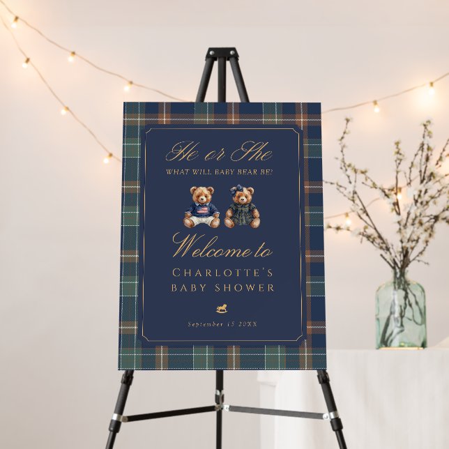 Gender Reveal Welcome Sign Navy Plaid Teddy Bear (In Situ (Stand))