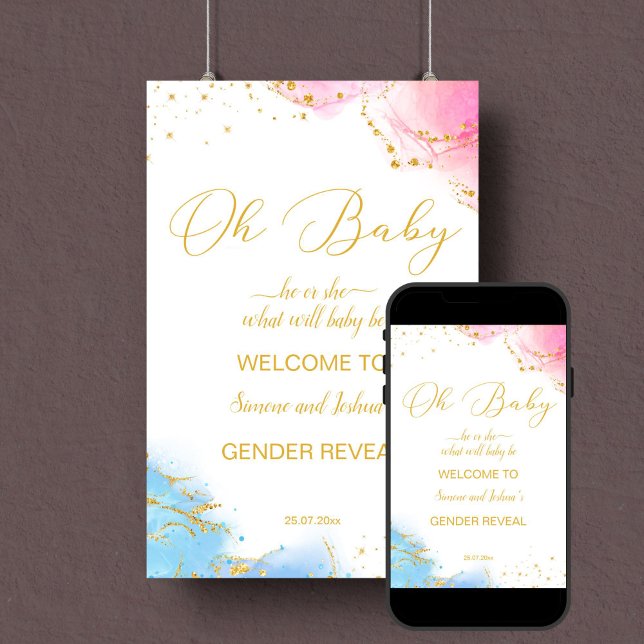 Gender reveal welcome sign oh baby pink blue (Gender reveal party welcome sign template instant download pink and blue gold glitter)