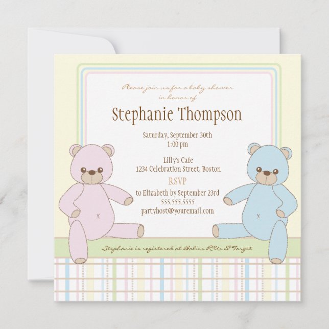 Gender Surprise Teddy Bears Baby Shower Invitation (Front)
