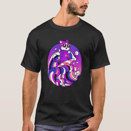 Genderfluid  Surfing Cat Gender Fluid Pride Flag 1 T_Shirt