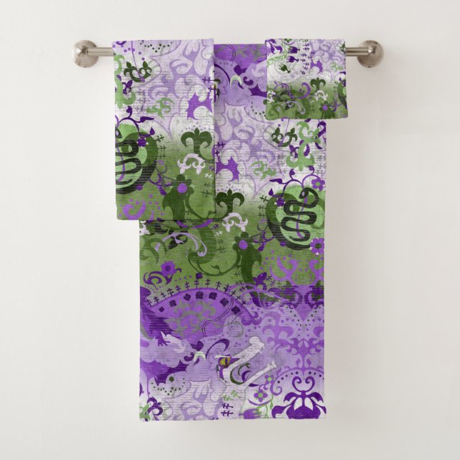 Genderqueer Dragon Damask - Genderqueer Pride Flag Bath Towel Set (Insitu)